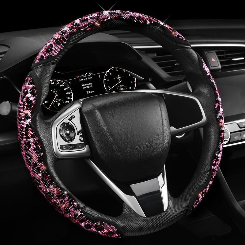 Universal Leopard Pattern Sparkle Rhinestone Anti-slip Steering Wheel Cover - BoLanAutoAccessories