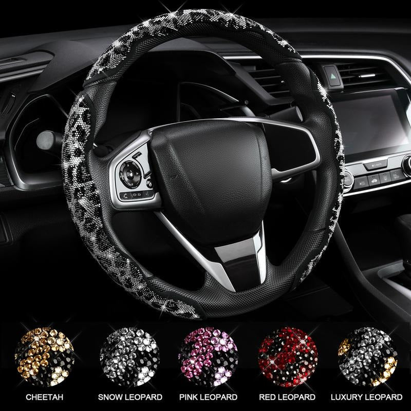 Universal Leopard Pattern Sparkle Rhinestone Anti-slip Steering Wheel Cover - BoLanAutoAccessories